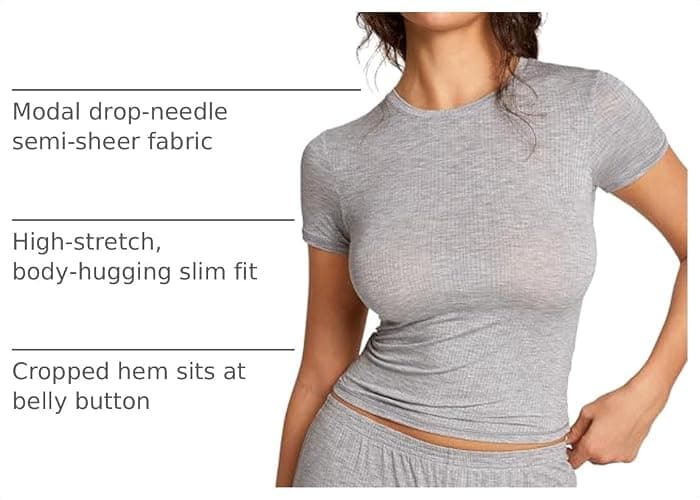 SOULVOR Natrelax Modal Ribbed Short Sleeve Tee | Semi Sheer Fabric, Crop T Shirts, Summer, Going Out Tops, Comfort Soft, Body-hugging Fit, Lounge, Women's Pajama Sleepwear thumbnail 4