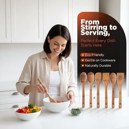 Riveira Dark Bamboo Wooden Spoons for Cooking 6-Piece, Apartment Essentials Wood Spatula Spoon Nonstick Kitchen Utensil Set Premium Quality Housewarming Gifts for Everyday Use thumbnail 2