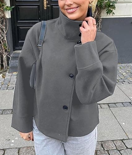 CHARTOU Women Crop Pea Coat Wool Blend Winter Loose Casual Short Jacket Outwear thumbnail 2