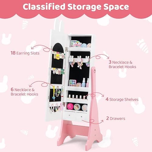 CHARMAID Kids Mirror Jewelry Cabinet - 45" Standing Jewelry Armoire with Full Length Mirror, Bunny Shaped Vanity Dressing Mirror for Girls, Kids Jewelry Organizer with Storage Drawers (White) - White thumbnail 5