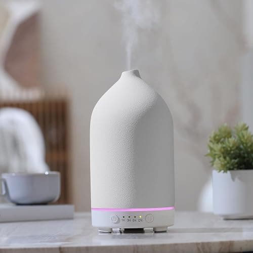 Gooamp 200ML Ceramic Essential Oil Diffuser for Home, Stone Diffuser | Ultrasonic Aromatherapy Diffuser & Air Humidifier for Bedroom, Office, Yoga, 7 LED Lights, Auto Shut-Off, 3 Timers, White - Image 1