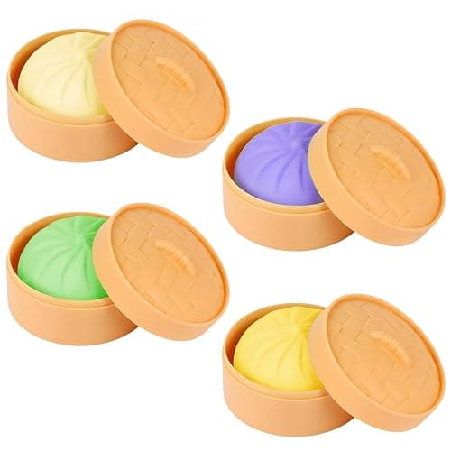 4 Packs Colorful Dumpling Stress Balls Fidget Toys Adults, Squeeze Dough Ball Stress Relief Hand Toys, Bun with Food Steamer Stretchy Easter Basket Stuffers Easter Gifts - Image 1