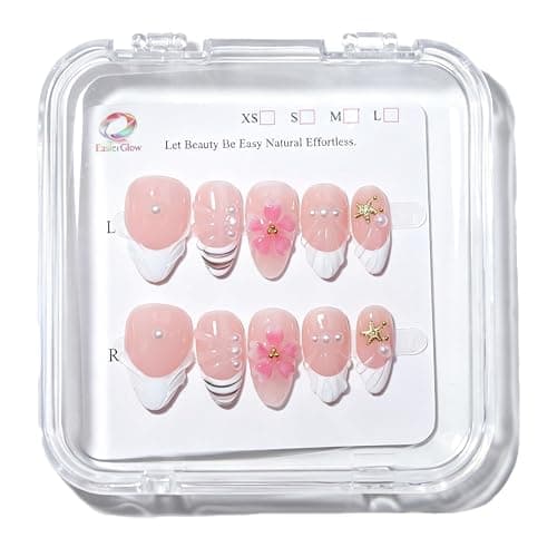 Handmade Short Almond French Press On Nails,Reusable&Salon Quality(1TA04,M) | 10Pcs BTMMA Daily & Party Fake Nails;Easy Apply & Remove;Ocean French Style with 3D Flower, Starfish & Pearl Accents thumbnail 4