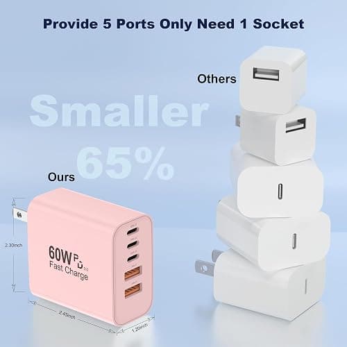 USB C Charger Block, 60W 5 in 1 Charging Blocks, PD 3.0 Fast Charger, QC 2A Pink Wall Plug Multiport Type C Charging Block for iPhone 17 16 15 14 13 12 Pro Max, iPad, iPod, Samsung, AirPods Pro thumbnail 5