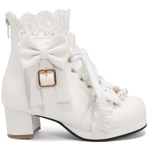 LUXMAX Women Chunky Heel Lace Up Booties Lolita Kawaii Shoes Block Heel Cute Ankle Boots Sweet Lace Boots with Bow thumbnail 3