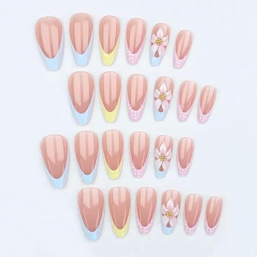CTTHNBD Medium Press on Nails Almond - Colorful French Tip Fake Nails | Floral Design, Blue , Yellow，Polka Dot, False Nails for Women 24 Pcs thumbnail 3