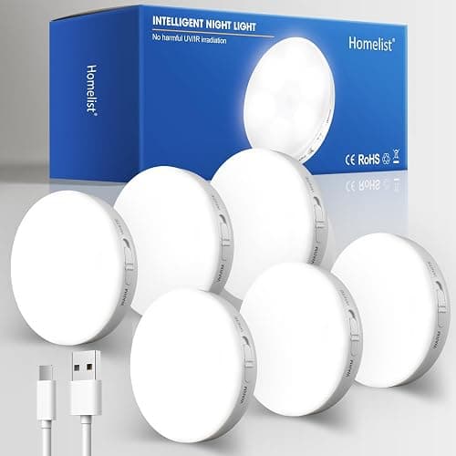 Homelist Motion Sensor Lights Indoor,6 Pack Wireless LED Rechargeable Magnetic Stick on Wall Night Light,Battery Operated USB Charging,Stair, Corridors, Closet, Kitchen Light Under Cabinets Puck Light - Image 1