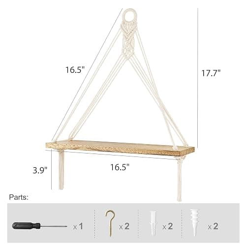 Mkono Artificial Ivy Macrame Hanging Shelves with Lights Set of 2 Boho Wall Decor Display Plants Photos Wood Floating Storage Shelf for Bedroom Bathroom Living Room Nursery Dorm Kitchen, White - Ivory thumbnail 2
