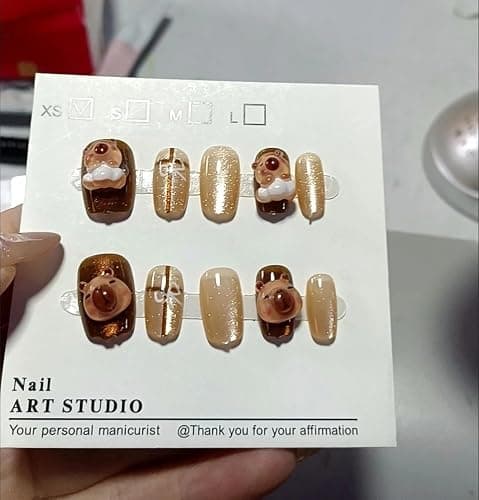 10Pcs Cute 3D Capybara Press On Nails, Short Brown Almond Tips with Clear White Accents, Glossy Resin Fake Nails in XS S M (XS) thumbnail 4
