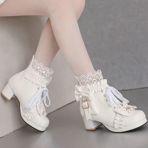 LUXMAX Women Chunky Heel Lace Up Booties Lolita Kawaii Shoes Block Heel Cute Ankle Boots Sweet Lace Boots with Bow thumbnail 9