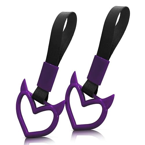 JUYQZ 2 Pcs Devil Heart Shaped Car Handle Strap – Drift Charm Rear Bumper Warning Ring Decor for Car Interior Exterior, Subway Bus Handle Accessory, Cute Heart Car Decor Gift for Drivers (Purple) - Image 1