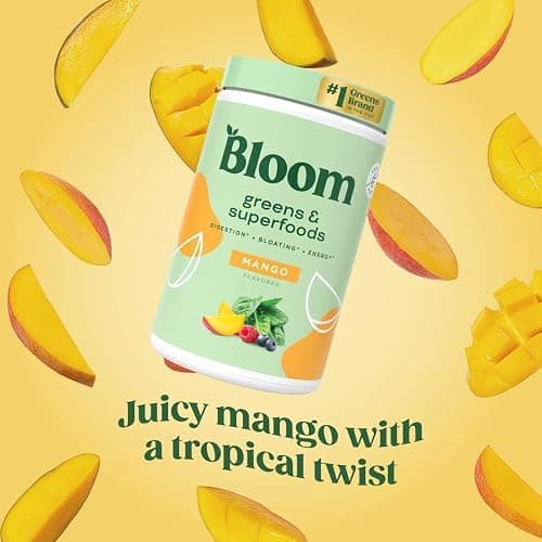 Bloom Nutrition Superfood Greens Powder, Digestive Enzymes with Probiotics and Prebiotics, Gut Health, Bloating Relief for Women, Chlorella, Green Juice Mix with Beet Root Powder, 25 SVG, Mango thumbnail 5