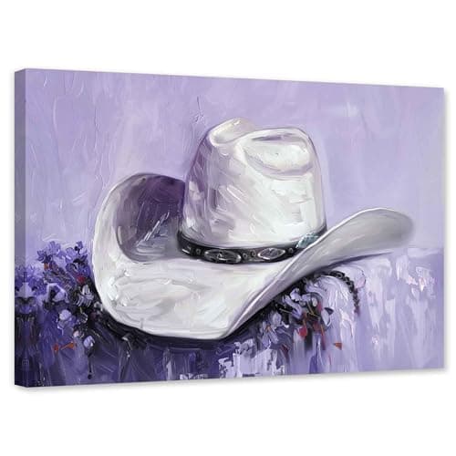 ARTZGX Cowboy Hat Canvas Wall Art Country Western Pictures Vintage Rustic Cowgirl Painting for Farmhouse Bedroom Decor Frame(Purple 12.00" x 18.00") - Image 1