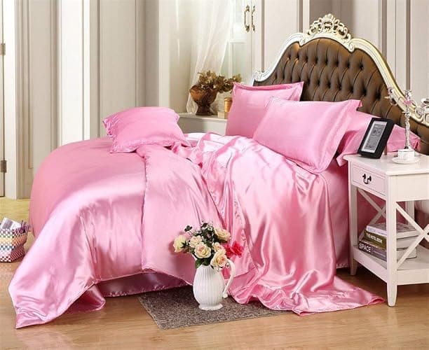 Rajan Linen Luxury Satin Duvet with Fitted Set Full Bed-Sheets –4-Piece Includes: 16”-18” Inch Super Extra Deep Pocket Fitted Sheet – Perfectly Fit Full Size – Pink. - Full - Pink - Image 1