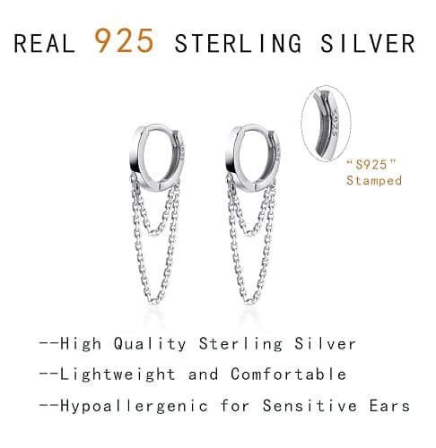 Reffeer Solid 925 Sterling Silver Tassel Chain Drop Dangle Small Hoop Earrings Huggie for Women Teen thumbnail 8
