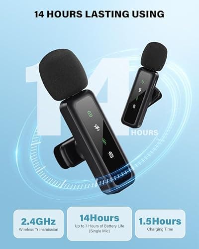 Mini Wireless Lavalier Microphone for iPhone, iPad, Android, 2-Pack Mini Mic with Windscreens & Pop Filters, Noise Reduction, Auto Pairing, Mute & Reverb for Vlogging, Recording, Live Streaming thumbnail 4