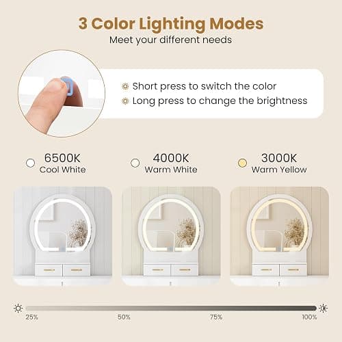 CHARMAID Vanity Desk with Mirror and Lights, Modern Makeup Vanity Table with 4 Drawers, 3-Color Dimmable LED Mirror, Girls Dressing Table and Stool Set for Small Bedroom (White) thumbnail 4