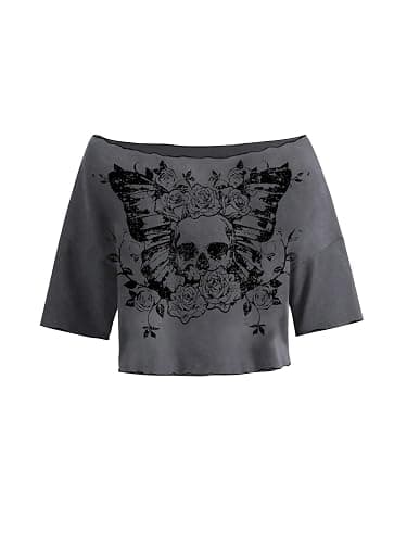 SOLY HUX Womens Y2K Grunge Shirts Short Sleeve Off Shoulder Crop Graphic Tees Goth Skull Tops - Image 1