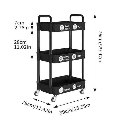 Laiensia 3-Tier Storage Carts,Multifunction Utility Rolling Cart Kitchen Storage Organizer,Mobile Shelving Unit Cart with Lockable Wheels for Bathroom,Laundry,Living Room,With Classified Sticker,Black thumbnail 3