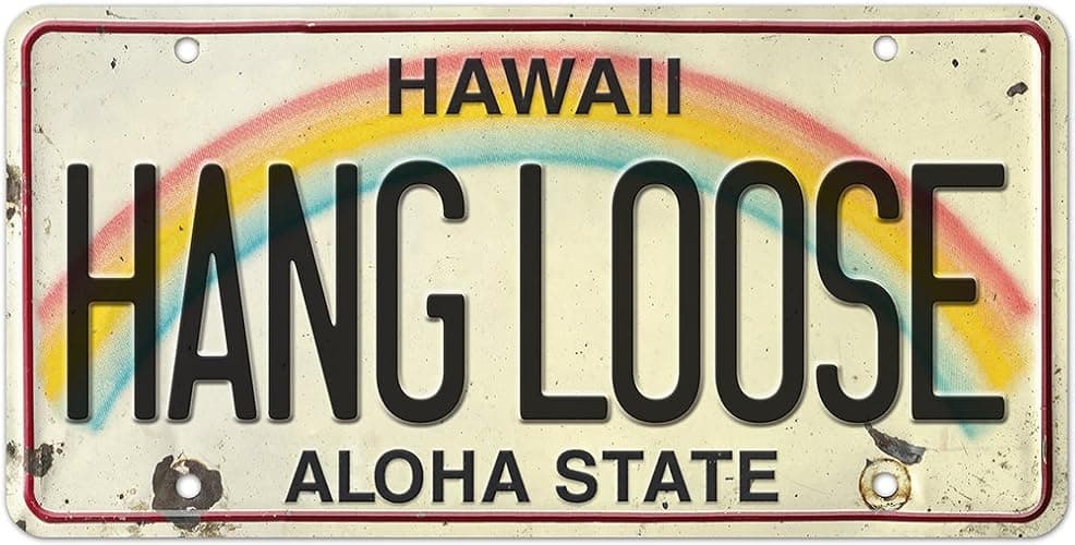 License Plate Hang Loose - Retro Vintage Hawaiian Embossed Aluminum License Plate - Aloha Hawaii State Aluminum Sign for Home Decor Wall Plaque 6 x 12 inch - Pacifica Island Art - Hang Loose - Image 1