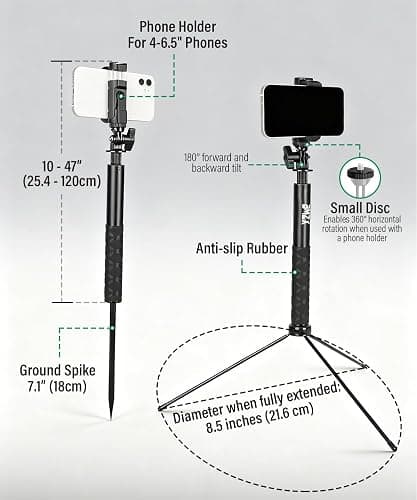 BMZX Golf Tripod Monopod, 47" Selfie Stick for Golf Swing Training & Recording | with Spike, Tripod, Phone Holder, 1/4"-20 Screw, Carry Bag | Compatible with iPhones, Android & Cameras thumbnail 5