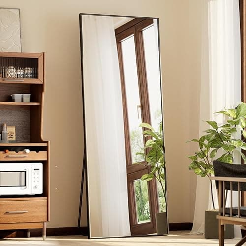BEAUTYPEAK 21"x56" Full Length Mirror with Stand, ShatterVue Tempered Full Body Mirror, Floor Mirror with Aluminum Alloy Thin Frame, Free Standing or Wall-Mounted Mirror for Living Room, Black thumbnail 6