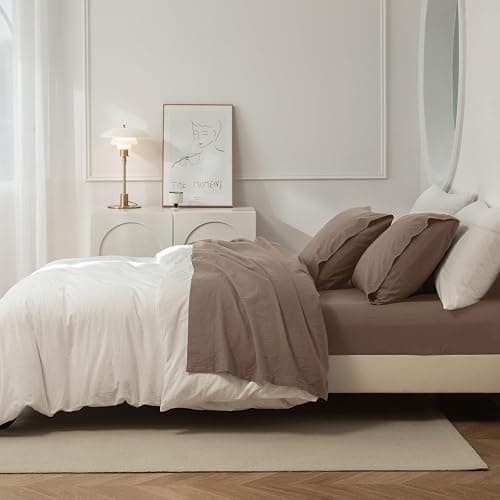JIYUAN 100% Washed Cotton Sheet Set 4 Pieces King,1 Fitted Sheet,1 Flat Sheet and 2 Pillowcases,Comfy and Breathable Linen Like Bedding Set,Light Brown thumbnail 3