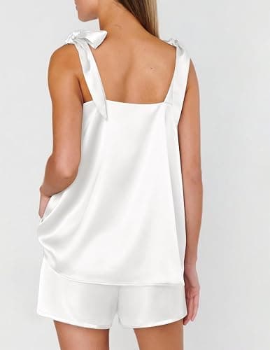 Ekouaer Womens Silk Pajama Set Bow Tie Knot Tank Top Satin Pjs Sets for Bridal Party 2 Piece Cami Shorts Sleepwear S-XXL thumbnail 2