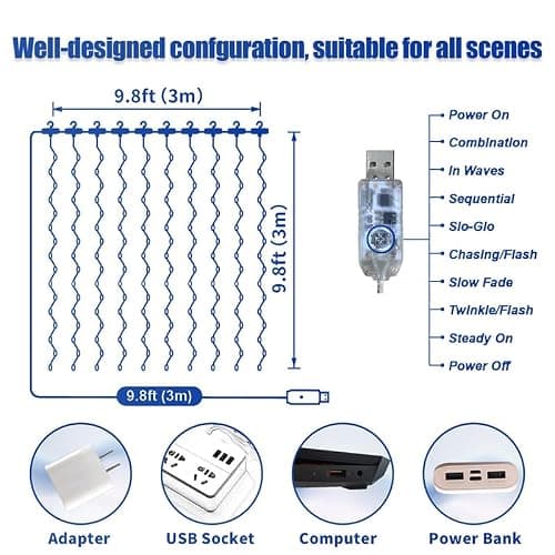 300LED Fairy Curtain Lights, 9.8x9.8Ft Warm White USB Plug in 8 Modes & Timer Christmas String Hanging Lights with Remote for Bedroom Indoor Outdoor Weddings Party Wall Decorations(rainbow) thumbnail 4