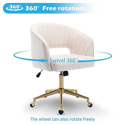 Home Office Chair Swivel Velvet Desk Chair Accent Armchair Upholstered Modern Tufted Chairs with Gold Base for Girls Women Ergonomic Study Seat Computer Task Stools for Living Room(Cream) thumbnail 6