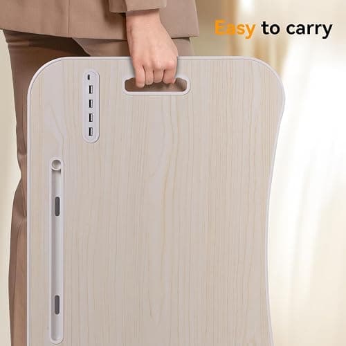 23.6 inch Portable Bed Desk, Folding Lap Desk with 4 USB Ports, Wind Fan, LED Light, Cup Holder and Side Drawer for Working, Reading, Writing, Eating on Bed, Sofa, Floor (White) thumbnail 6