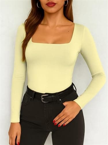 ForeFair Women Square Neck Long Sleeve Going Out Tops Tight Double Lined Basic Tees Shirt thumbnail 6