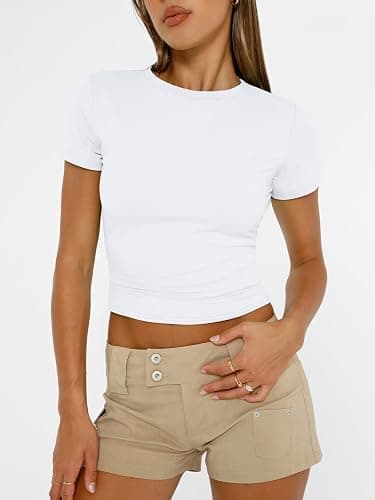 Trendy Queen Womens Short Sleeve T Shirts Summer Crop Tops Basic Slim Fit Gym Workout Y2k Clothes thumbnail 2