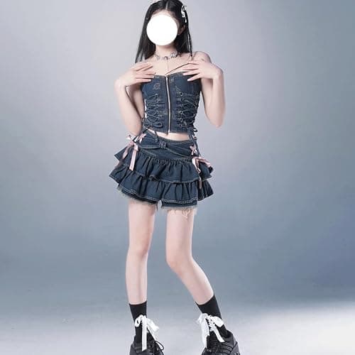 RILGOU Y2K Gothic Kawaii Elastic High Rise Ribbon Pleated Denim Short Skirt | Cutecore, Preppy Clothes, Cute Casual Style, Streetwear, Athleisure, Coquette, A Line, with Shorts Underneath, For Daily Wear thumbnail 5