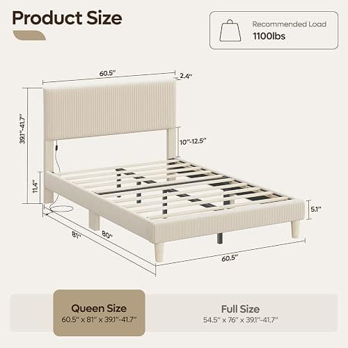 Bestier Queen Bed Frame with Headboard LED Lighting,Upholstered,Beige | Easy Assembly,LED Lighting Headboard,No Squeaks,Vertical Channel Corduroy Upholstered,Wood Slats Support,No Box Spring Needed thumbnail 2