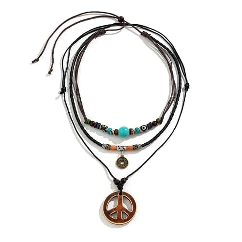 ZZQPSD Peace Sign Pendant Necklace Layered Puka Shell Turquoise Boho 1960s 1970s Hippie Party Accessories Necklaces - Image 1