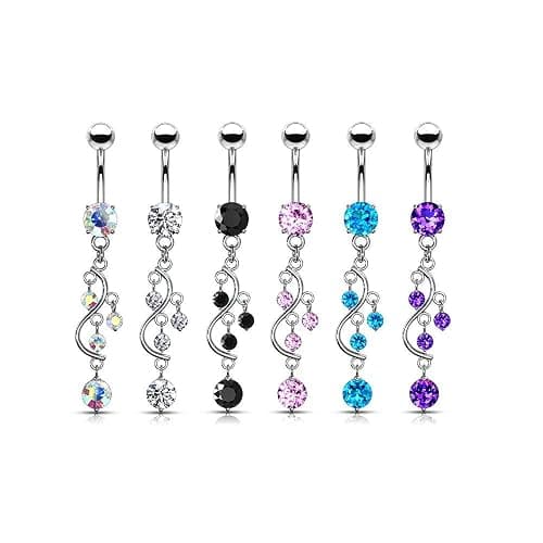 Pierced Owl - 14G Stainless Steel Cascading CZ Crystal Vine Dangling Belly Button Ring thumbnail 2
