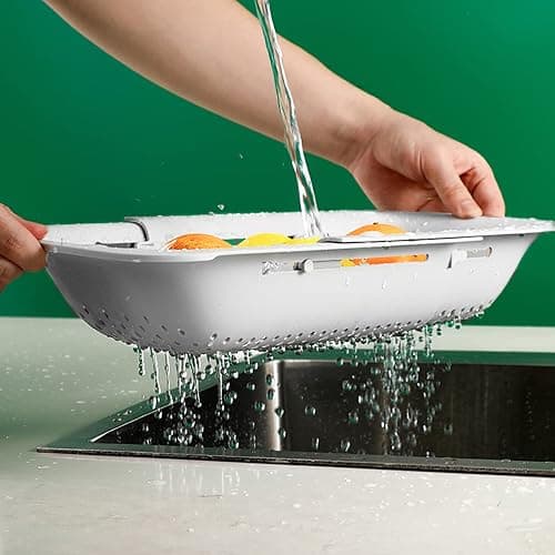 Collapsible Sink Colanders and Strainers Basket Over the Sink Colander Collapsible Colander Extendable Plastic Fruit Vegetable Strainer Drainer Basket for Kitchen (Length 14.3 inch-19.4 inch) (White) thumbnail 2