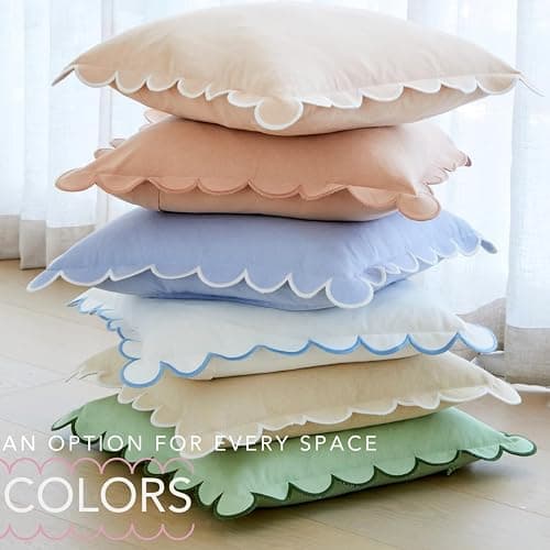 BEBE BASK Scalloped Pillow Cover - Set of 2-18 x 18 Inch - Scallop Pillow Cover – White and Blue Scalloped Pillows - Scallop Pillows - 100% Cotton - Grandmillennial Style (White/Blue) - White/Blue thumbnail 6