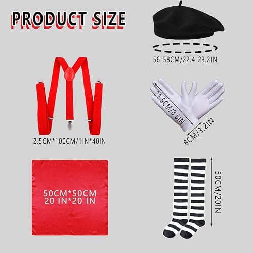 5 Pcs Mime Artist Costume Accessories Set Women French Mime Cosplay Outfit Includes Black Beret Red Suspender Scarf White Gloves and Black White Stripe Socks for Halloween Theme Party Dress up Decor thumbnail 2
