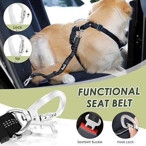 SlowTon Dog Seat Belt Harness for Car, Dog Car Harness Adjustable Mesh Breathable & Dog Seatbelt Safety Tether with Elastic Bungee for Small Medium Large Pets(Black, Double Clip, M) thumbnail 3
