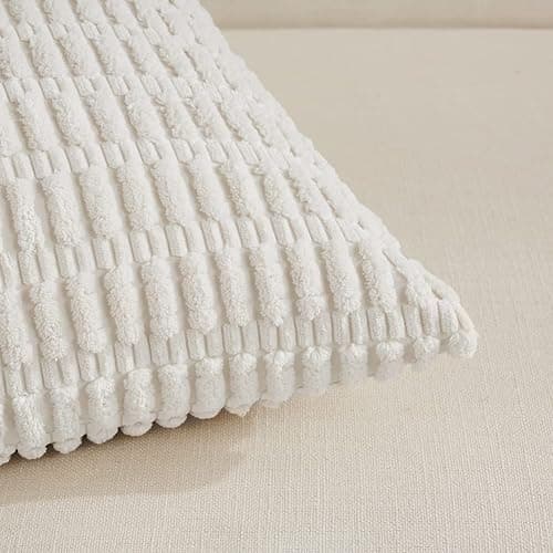Fancy Homi 2 Packs Pure White Decorative Throw Pillow Covers 18x18 Inch for Living Room Couch Bed Sofa, Rustic Farmhouse Boho Home Decor, Soft Striped Corduroy Square Cushion Case 45x45 cm thumbnail 4