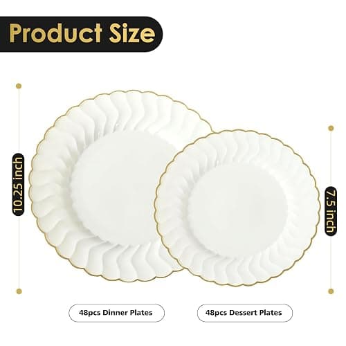 Lullaby 96PCS Ivory Scalloped Plastic Plates with Gold Rim, Disposable Elegant Plates Include 48pcs Dinner Plate 10.25", 48pcs Dessert Plate 7.5", Perfect for Daily Use, Wedding and Party thumbnail 3
