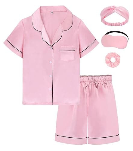 EPLAZA Kids Satin Pajamas Sets Girls Boys Button-Down Silky Pajamas Sleepwear with Hairband Eye Mask Hair Tie - Image 1