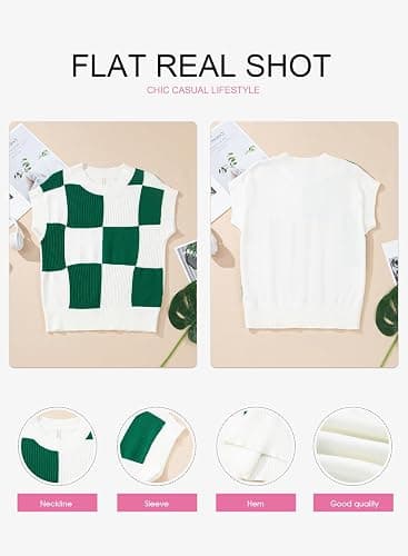 EVALESS Short Sleeve Sweater for Women Crewneck Color Block Knit Tops 2025 Fall Trendy Cap Sleeve Sweater Vest thumbnail 4
