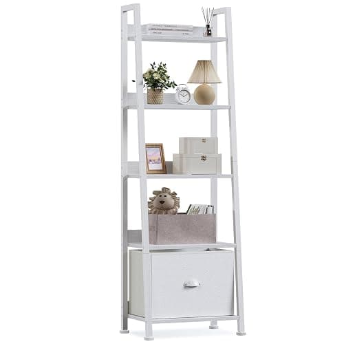 Furologee 5-Tier White Ladder Shelf, Ladder Bookshelf with Removable Drawer, Mordern Bookcase Storage Rack Organizer, Wood Metal Freestanding Storage Shelves for Living Room, Home Office, Bedroom - Image 1