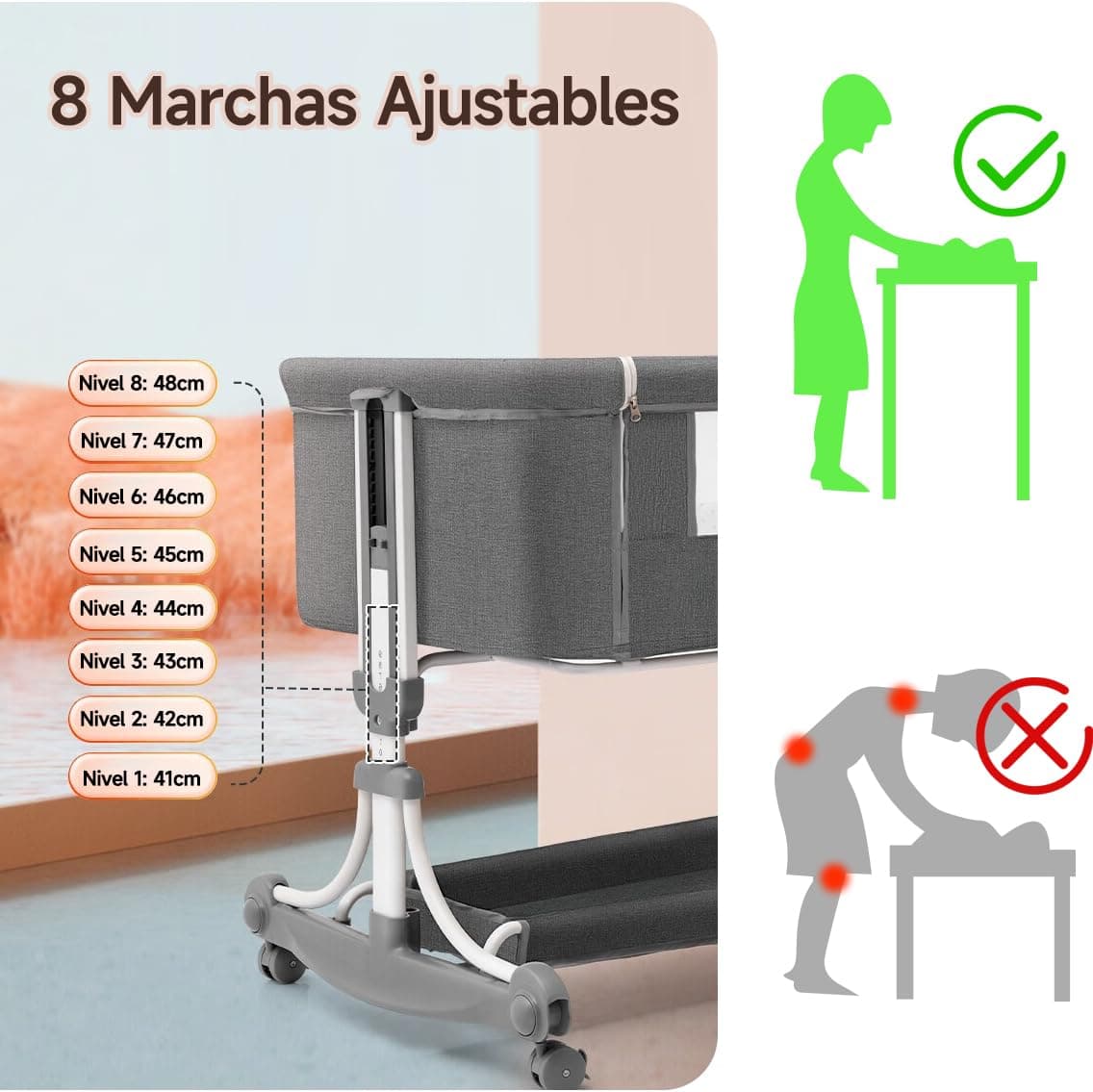 Muja 3 en 1 Cuna, Colecho Cuna con Mosquiteras y Cesta de Almacenamiento, Cambiador, Cinturón de Seguridad, 8 Altura Ajustable, Portátil y Plegable thumbnail 2