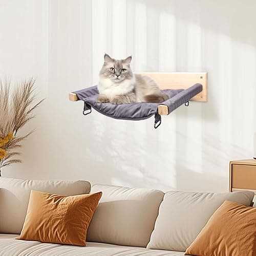 JSPYFITS Wooden Cat Wall Hammock, 18.9 x 12.6 Inch Double Layer Cat Furniture Hammock, Large Removable Multi-Function Cats Bed for Sleep/Play/Climb/Lounge Easy DIY Installation(Grey) thumbnail 9