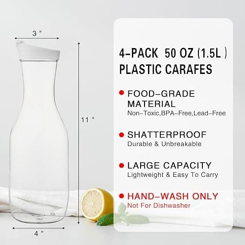 Cuiselect Water Carafe with Lid, 50 Oz Round Plastic Pitcher for Drinks, Milk, Mimosa Bar Supplies, Iced Tea, Juice Containers with Lids for Fridge, BPA-Free, NOT DISHWASHER SAFE, 4 Pack - 4 Pack thumbnail 2