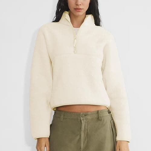 Keeliya Womens Fleece Sweatshirts Cropped Half Zip Fuzzy Warm Sherpa Pullover Varsity Jackets with Zipper Pockets thumbnail 2